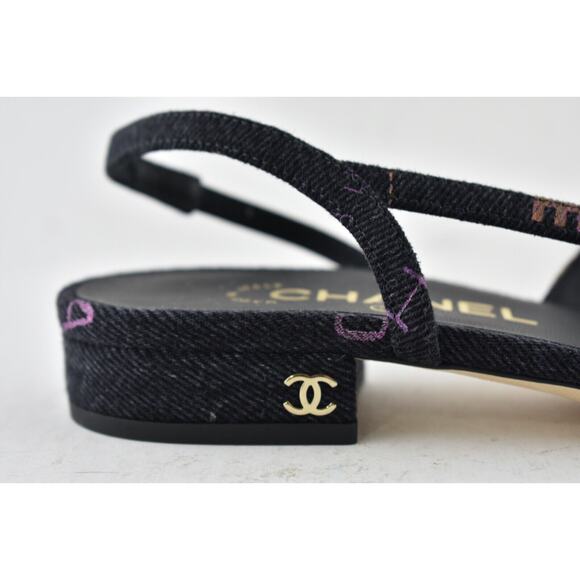Chanel 22P Mademoiselle Coco Sling Black Grey Denim Slingback Ballet Flat 37 - Picture 3 of 12
